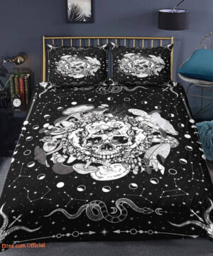 Skull Mushroom Moon Phase 3pcs Comforter set Bedding Black and White Quilt set For Bedroom - King - Ettee