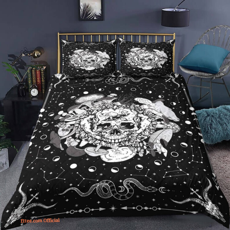 Skull Mushroom Moon Phase 3pcs Comforter set Bedding Black and White Quilt set For Bedroom - King - Ettee