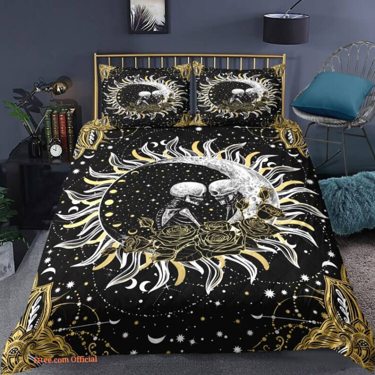 Skull lover Sun and moon Rose 3pcs Comforter set Beddin Boho Quilt set For Bedroom - King - Ettee