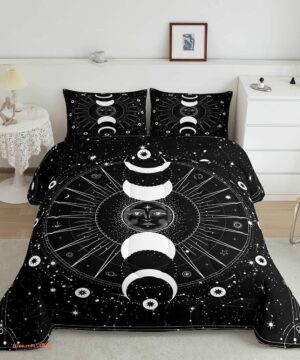 Stars Space Psychedelic  Black White Sun and Moon Bedding Set - King - Ettee