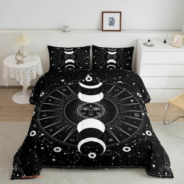Stars Space Psychedelic  Black White Sun and Moon Bedding Set - King - Ettee