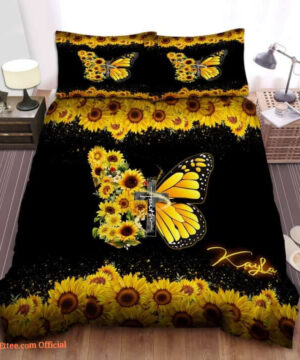 Sunflower And Butterfly Faith In God Black Bedding Set Bed Sheets Spread Bedding Sets - King - Ettee