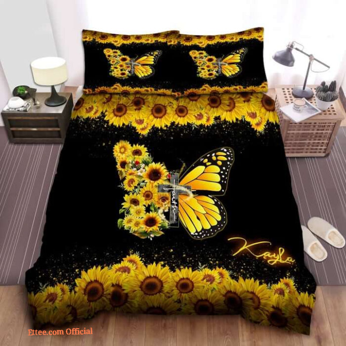 Sunflower And Butterfly Faith In God Black Bedding Set Bed Sheets Spread Bedding Sets - King - Ettee