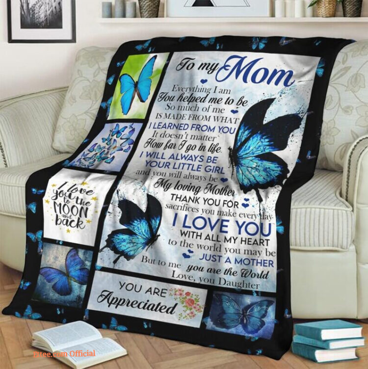 To My Mom Blue Butterfly  Fleece Blanket.Mink Blanket.Sherpa Blanket.Anniversary Gift.Family Blanket Gift - Super King - Ettee