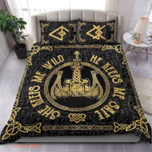 Viking She Keeps Me Wild He Keeps Me Safe Dragon Ship Bedding Set - King - Ettee