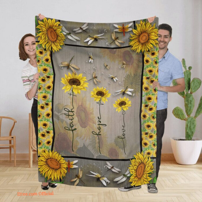 Dragonfly Sunflower Fleece Quilt Blanket Love Heartbeat Dragonflies Sunflower For Mom - Super King - Ettee