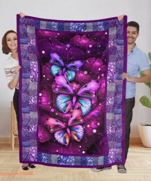 Purple Butterflies Fleece Quilt Blanket Flowers And Butterflies. Foldable And Compact - Super King - Ettee