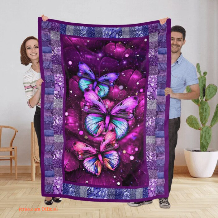 Purple Butterflies Fleece Quilt Blanket Flowers And Butterflies. Foldable And Compact - Super King - Ettee