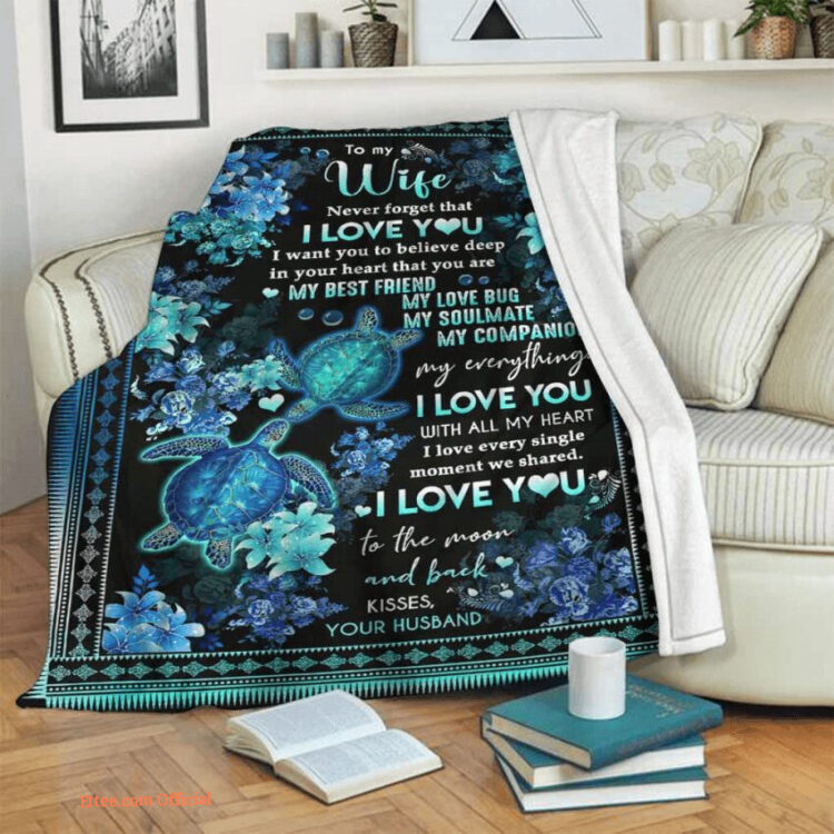 sea turtle to my wife fleece blanket i love to the moon and back - Super King - Ettee